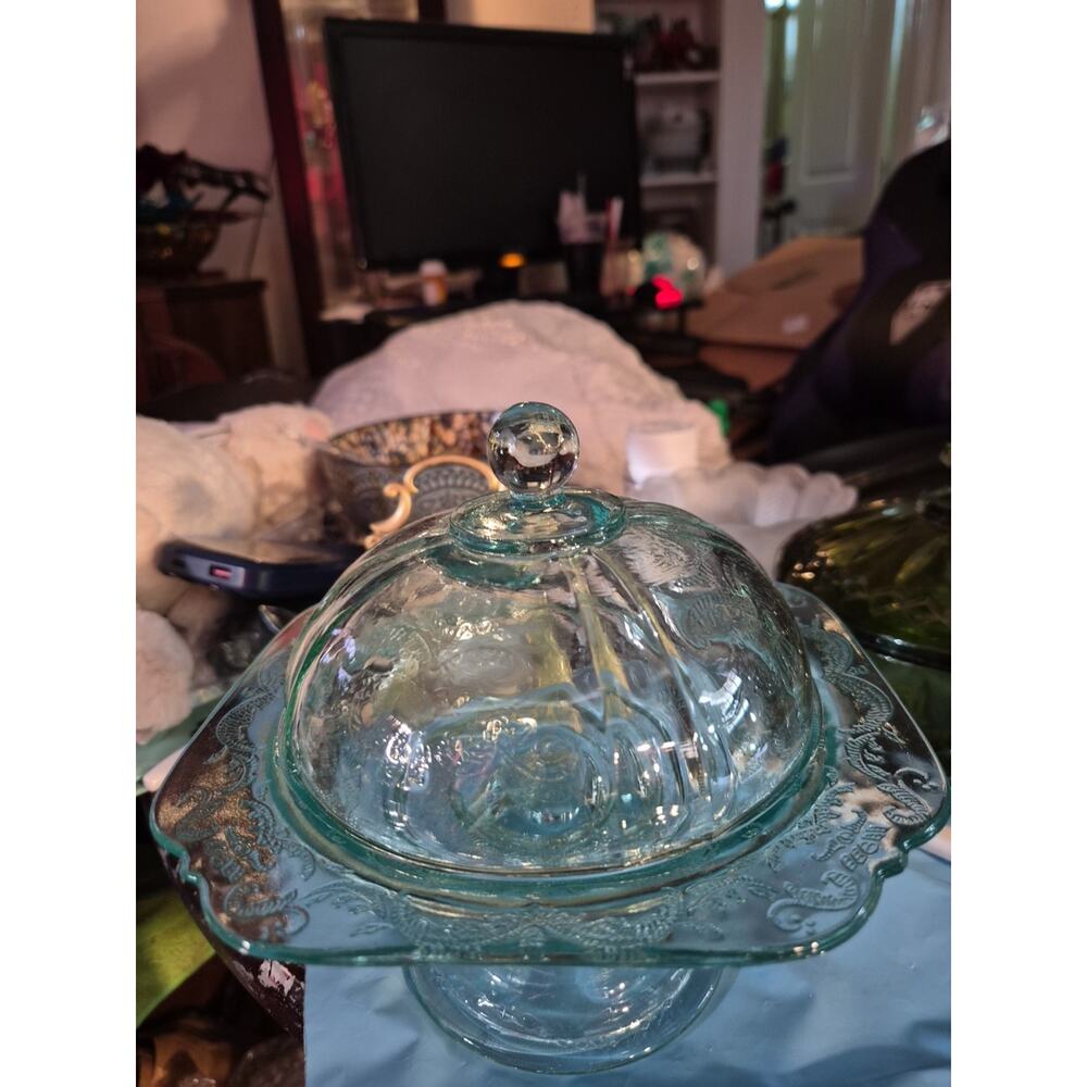 Vintage Indiana Glass Recollection teal Pedestal Covered Dish Has An
